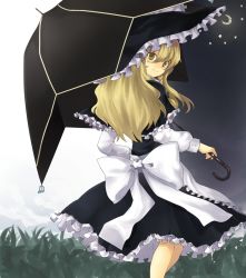 Rule 34 | 1girl, aki (mare desiderii), blonde hair, bow, capelet, crescent, crescent moon, female focus, hat, highres, kirisame marisa, large bow, long hair, looking back, moon, smile, solo, touhou, umbrella, witch hat, yellow eyes