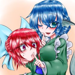 Rule 34 | 2girls, :o, bad proportions, blue eyes, blush, bow, breasts, colored eyelashes, commentary request, curly hair, disembodied head, dress, eko (yu-shao-eko), fins, green dress, green eyes, hair bow, head fins, index finger raised, japanese clothes, kimono, large breasts, long sleeves, looking at viewer, mermaid, monster girl, multicolored eyes, multiple girls, obi, one eye closed, poorly drawn, purple eyes, red eyes, red hair, sash, sekibanki, shiny clothes, short hair, sweatdrop, touhou, wakasagihime, wide sleeves