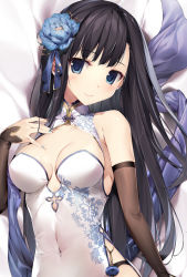 Rule 34 | 1girl, bare shoulders, bed sheet, black hair, blue eyes, blue flower, breasts, china dress, chinese clothes, cleavage, commentary request, covered navel, detached sleeves, dress, flower, garter belt, hair flower, hair ornament, head tilt, karory, long hair, looking at viewer, medium breasts, original, sleeveless, sleeveless dress, solo