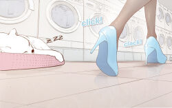 Rule 34 | 1girl, absurdres, asuna (blue archive), asuna (bunny) (blue archive), blue archive, blue footwear, brown pantyhose, cat, high heels, highres, jeelly toebean, laundromat, laundry, official alternate costume, pantyhose, pumps, reflection, reflective floor, shoes, solo, sound effects, stiletto heels, walking, washing machine