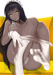 Rule 34 | 1girl, absurdres, ahoge, ass, black hair, blue archive, blush, bra, bra lift, breasts, clothes pull, commission, couch, dark-skinned female, dark skin, frilled bra, frills, gloves, hair between eyes, highres, karin (blue archive), large breasts, legs up, long hair, looking at viewer, maid headdress, micro bra, mouth hold, panties, panty pull, pantyhose, pantyhose pull, partially visible vulva, sitting, smile, solo, string panties, tian kazuki, underwear, very long hair, white bra, white gloves, white panties, white pantyhose, yellow eyes
