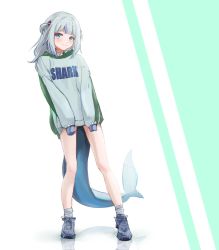 Rule 34 | 1girl, absurdres, bare legs, blue eyes, blue hair, blush, female focus, fins, fish tail, gawr gura, highres, hololive, hololive english, hood, hoodie, multicolored hair, reflection, reflective floor, shark girl, shark tail, shoes, short hair, simple background, sleeves past fingers, sleeves past wrists, smile, sneakers, socks, solo, standing, tagme, tail, two-tone background, two-tone hair, virtual youtuber, white hair