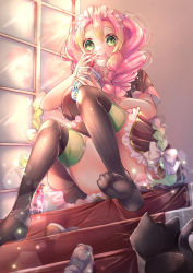 Rule 34 | 1girl, absurdres, alternate costume, black dress, black thighhighs, blush, braid, breasts, bubble tea, cat, commentary, convenient leg, dress, drinking straw, enmaided, eyelashes, frilled dress, frills, full body, gradient hair, green eyes, green hair, hair ribbon, hand to own mouth, highres, indoors, kanroji mitsuri, kimetsu no yaiba, large breasts, lens flare, long hair, looking at viewer, low-tied long hair, maid, maid headdress, mole, mole under eye, multicolored hair, open mouth, pink hair, ribbed legwear, ribbon, shion (shione rinka), shoes, unworn shoes, short dress, short sleeves, sitting, sitting on stairs, solo, stairs, thighhighs, thighs, tress ribbon, tri braids, two-tone hair, white footwear