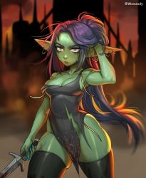 Rule 34 | 1girl, amelia (roxxxan), black thighhighs, blood, bloody weapon, blue nails, breasts, cleavage, closed mouth, colored skin, contrapposto, dress, earrings, facial mark, female goblin, fingernails, forehead mark, goblin, green skin, grey dress, hand in own hair, highres, holding, holding sword, holding weapon, jewelry, long hair, looking at viewer, medium breasts, nail polish, no panties, original, pelvic curtain, purple eyes, purple hair, roxxxan, runny makeup, sanpaku, solo, spaghetti strap, standing, strap slip, sword, thighhighs, torn clothes, torn dress, twitter username, weapon, yellow eyes