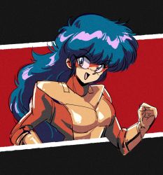 Rule 34 | 1990s (style), 1girl, blue eyes, blue hair, breasts, clenched hand, commentary, cropped torso, english commentary, flame (panzer paladin), hair behind ear, highres, looking to the side, open mouth, panzer paladin, pilot suit, potiri02, red background, retro artstyle, small breasts, smile, solo