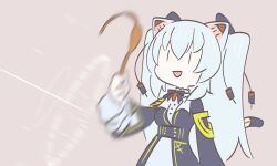 Rule 34 | 1girl, animal ears, arm at side, black coat, black ribbon, brooch, cat ears, cat girl, cat tail, coat, commentary request, cowboy shot, dress, firing, grey dress, grey hair, hand up, holding, holding weapon, jewelry, long hair, long sleeves, magari (c0rn3r), mechanical ears, mechanical tail, motion blur, neck ribbon, nora cat, nora cat channel, open mouth, pink background, projectile trail, ribbon, simple background, sling (weapon), smile, solo, sonic boom (speed), standing, tail, two side up, virtual youtuber, weapon, wide sleeves, | |