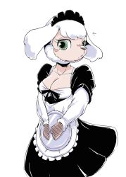Rule 34 | 1girl, animal ears, apron, black dress, blush, blush stickers, breasts, cleavage, collarbone, dress, female focus, furry, furry female, green eyes, holding, juliet sleeves, layered sleeves, long sleeves, maid, maid headdress, medium breasts, notice lines, nousen, open mouth, original, puffy sleeves, sheep ears, shiny skin, short hair, short over long sleeves, short sleeves, simple background, solo, standing, tray, white background, white hair