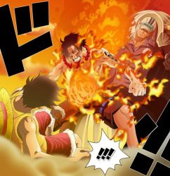 Rule 34 | !, !!, baseball cap, black hair, brother, brothers, clenched hand, death, fighting, fire, frown, hat, injury, jewelry, marineford, lava, monkey d. luffy, necklace, one piece, portgas d. ace, punching, sakazuki (akainu), shorts, siblings, spoilers, straw hat, tattoo, topless, uniform, vest