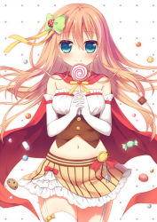 Rule 34 | 1girl, bad id, bad pixiv id, blue eyes, blush, bow, candy, candy wrapper, cape, elbow gloves, food, food-themed hair ornament, fork, garter straps, gloves, hair bow, hair ornament, hair ribbon, heart, lollipop, long hair, looking at viewer, macaron, midriff, navel, original, pink hair, ribbon, sakura yuzuna, skirt, smile, solo, sumisaki yuzuna, sweets, swirl lollipop, white background, white gloves