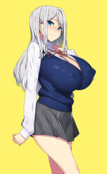 Rule 34 | 1girl, arm at side, blue eyes, blue sweater vest, breasts, closed mouth, collared shirt, commentary request, covered erect nipples, earrings, grey skirt, hair ornament, hairclip, hand up, huge breasts, jewelry, long hair, long sleeves, looking at viewer, miniskirt, mole, mole under mouth, munashi mujou, neck ribbon, original, pleated skirt, red ribbon, ribbon, shirt, simple background, skirt, smile, solo, standing, sweater vest, white hair, white shirt, yellow background