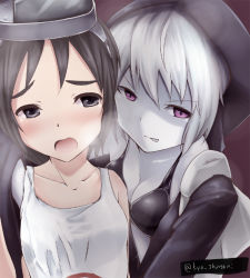 Rule 34 | 10s, 2girls, abyssal ship, bad id, bad pixiv id, black bra, black hair, blush, bra, colored skin, diving mask, goggles, grey eyes, grey skin, groping, hand under clothes, hood, hoodie, kantai collection, maru-yu (kancolle), multiple girls, one-piece swimsuit, open mouth, purple eyes, re-class battleship, school swimsuit, shintani kyou, short hair, swimsuit, tongue, tongue out, twitter username, underwear, very short hair, white hair, white one-piece swimsuit, white school swimsuit, yuri