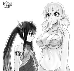 Rule 34 | 2girls, artist name, bare shoulders, bikini, breast envy, breasts, cleavage, curvy, dress, fairy tail, greyscale, hair between eyes, hair ribbon, halterneck, highres, large breasts, looking at breasts, lucy heartfilia, monochrome, multiple girls, navel, ribbon, shiny skin, sidelocks, simple background, sleeveless, sleeveless dress, small breasts, stomach, swimsuit, the golden smurf, thong bikini, twintails, underboob, wendy marvell, white background, wide hips