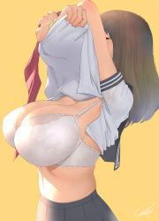 Rule 34 | 1girl, black sailor collar, bra, breasts, breasts day, brown hair, clothes lift, good breasts day, highres, kotoyoshi yumisuke, large breasts, lifted by self, medium hair, neckerchief, original, red neckerchief, sailor collar, school uniform, serafuku, shirt, shirt lift, short sleeves, signature, simple background, solo, underwear, undressing, white bra, white shirt, yellow background