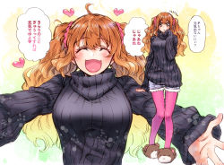 Rule 34 | 1girl, :d, ahoge, bear slippers, black sweater, blush, breasts, closed eyes, commentary request, idolmaster, idolmaster cinderella girls, incoming hug, medium breasts, moroboshi kirari, multiple views, open mouth, orange eyes, orange hair, outstretched arms, pantyhose, pink pantyhose, ribbed sweater, shorts, sketch, sleeves past wrists, slippers, smile, sweater, takanashi ringo, translation request, turtleneck, turtleneck sweater, twintails, wavy hair