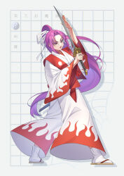 Rule 34 | 1girl, absurdres, character name, full body, guumin, hair ribbon, highres, holding, holding sword, holding weapon, japanese clothes, katana, long hair, long sleeves, meira (touhou), open mouth, ponytail, purple eyes, purple hair, ribbon, sandals, socks, solo, sword, tabi, touhou, touhou (pc-98), very long hair, weapon, white ribbon, white socks, wide sleeves, zouri