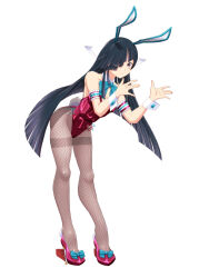 Rule 34 | 1girl, adapted costume, alternate costume, animal ears, aqua bow, aqua bowtie, black hair, bow, bowtie, brown eyes, detached collar, fake animal ears, fishnet pantyhose, fishnets, full body, hair over one eye, hayashimo (kancolle), high heels, highres, hime cut, kantai collection, leaning forward, leotard, long hair, looking at viewer, moke ro, pantyhose, playboy bunny, purple footwear, purple leotard, rabbit ears, rabbit tail, shiny clothes, solo, strapless, strapless leotard, tail, thighband pantyhose, very long hair, wrist cuffs