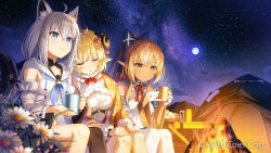 Rule 34 | 2016, 3girls, animal ears, artist request, black thighhighs, blonde hair, bonfire, breasts, campfire, cup, fire, flower, food, fur-trimmed collar, fur trim, highres, hololive, horns, large breasts, leaning on person, marshmallow, moon, multiple girls, night, night sky, official art, shirakami fubuki, shirakami fubuki (1st costume), shiranui flare, shiranui flare (1st costume), silver hair, sky, sleeping, small breasts, star (sky), starry sky, tent, thighhighs, tsunomaki watame, tsunomaki watame (1st costume), virtual youtuber, white thighhighs