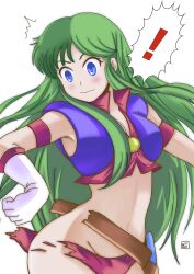 Rule 34 | !, 1girl, blue eyes, breasts, cleavage, green hair, highres, large breasts, legs, long hair, midriff, navel, reika (time gal), solo, surprised, taito, thighs, time gal, torn clothes, wardrobe malfunction