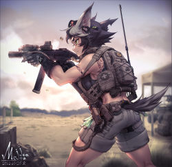 Rule 34 | absurdres, animal ears, antennae, b&amp;t apc, backpack, bag, bulletproof vest, eyewear on head, firing, first aid kit, glowstick, gun, highres, holding, holding weapon, kemonomimi mode, looking to the side, mcjoajoa, military, monster girl, muscular, muscular female, optical sight, original, shooting range, shorts, sports bra, submachine gun, suppressor, tail, tattoo, weapon