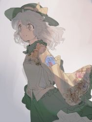 Rule 34 | 1girl, adapted costume, alternate costume, bad id, bad twitter id, brown eyes, colorized, frills, geppewi, grey background, hat, hat ribbon, komeiji koishi, long hair, long sleeves, ribbon, shirt, silver hair, simple background, sketch, skirt, smile, solo, touhou, wide sleeves