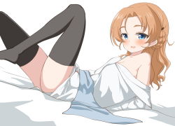 Rule 34 | 1girl, ass, black thighhighs, blue eyes, blush, bow, braid, collarbone, girls und panzer, hair bow, hair ornament, looking at viewer, looking to the side, lying, on back, open mouth, orange hair, orange pekoe (girls und panzer), parted bangs, rebirth42000, shirt, simple background, smile, solo, thighhighs, white background, white shirt