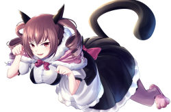 Rule 34 | akiha rumiho, animal ears, apron, bow, breasts, cat ears, cat slippers, cat tail, dress, drill hair, fang, fur-trimmed hood, fur trim, fur trimm, hood, looking at viewer, maid, maid apron, medium breasts, open mouth, paw pose, pink hair, red eyes, short hair, short twintails, simple background, slit pupils, solo, steins;gate, tagame (tagamecat), tail, twin drills, twintails, white background