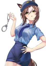 Rule 34 | 1girl, animal ears, blush, brown hair, commentary request, cuffs, eyelashes, eyes visible through hair, female focus, fine motion (umamusume), green eyes, hand on own hip, handcuffs, herohero (higashi no dou), highres, horse ears, horse girl, horse tail, looking at viewer, multicolored eyes, necktie, open mouth, police, police uniform, policewoman, simple background, solo, tail, umamusume, uniform, upper body, white background