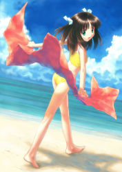Rule 34 | 1girl, :d, aqua eyes, ass, back, barefoot, beach, bikini, black hair, breasts, cloud, cloudy sky, floating hair, from side, goto p, hair ornament, hair ribbon, holding, kneepits, legs, long hair, looking at viewer, looking back, ocean, open mouth, parted bangs, ribbon, shadow, sky, small breasts, smile, solo, standing, swimsuit, tankini, two side up, walking, water, yellow bikini