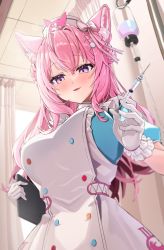 Rule 34 | 1girl, animal ear fluff, animal ears, blush, breasts, dress, hakui koyori, highres, hololive, intravenous drip, iv stand, large breasts, looking at viewer, nurse, pinafore dress, pink hair, purple eyes, sleeveless dress, smile, solo, virtual youtuber, wolf ears, wolf girl, yan.c