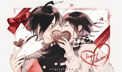 Rule 34 | 2boys, ahoge, blush, book, bow, brown eyes, buttons, candy, checkered clothes, checkered scarf, chocolate, chocolate heart, closed eyes, commentary, danganronpa (series), danganronpa v3: killing harmony, english commentary, facing another, food, grey jacket, happy valentine, heart, highres, holding, holding heart, jacket, kiss, male focus, multiple boys, oma kokichi, red bow, rina (crystalrina), saihara shuichi, scarf, short hair, striped clothes, striped jacket, upper body, white background, yaoi