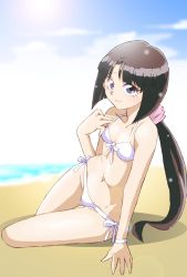 Rule 34 | 1girl, after war gundam x, bikini, blue eyes, breasts, brown hair, cleavage, closed mouth, commentary request, graphite (medium), gundam, long hair, looking at viewer, millipen (medium), onnaski, ponytail, smile, solo, swimsuit, tiffa adill, traditional media, very long hair