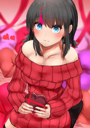 Rule 34 | 1girl, absurdres, bare shoulders, black hair, blue eyes, blush, breasts, candy, chocolate, chocolate heart, collarbone, fate/grand order, fate/requiem, fate (series), food, heart, highres, large breasts, long sleeves, looking at viewer, magatama, magatama hair ornament, masini-mashini615, medium hair, multicolored hair, off-shoulder sweater, off shoulder, pink hair, red sweater, ribbed sweater, smile, solo, streaked hair, sweater, utsumi erice, valentine