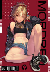 Rule 34 | 1girl, arm up, barcode, bare legs, black footwear, black jacket, bracelet, chain, character name, crop top, denim, denim shorts, earrings, fate/apocrypha, fate (series), fishnets, full body, green eyes, hair ornament, hair scrunchie, hoop earrings, jacket, jewelry, knee up, long sleeves, mordred (fate), mordred (fate/apocrypha), navel, necklace, off shoulder, oneko, open clothes, open fly, open jacket, open shorts, parted bangs, parted lips, ponytail, red background, ring, scrunchie, shoes, short hair, short shorts, shorts, sidelocks, single bare shoulder, sitting, smile, sneakers, solo, stomach, unbuttoned, v-shaped eyebrows