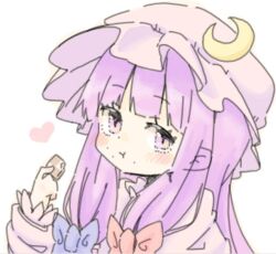 Rule 34 | 1girl, :t, blue bow, blunt bangs, blush, bow, crescent, crescent hat ornament, dress, food, food on face, hair bow, hand up, hat ornament, heart, kimi (artist), long hair, long sleeves, looking at viewer, patchouli knowledge, pink dress, pink headwear, purple eyes, purple hair, red bow, solo, touhou, upper body