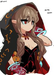 Rule 34 | 1girl, bandaid, bandaids on nipples, black cape, brown hair, cape, closed mouth, dungeon and fighter, firstw1, from side, gloves, hand on own hip, ikki the vikki, pasties, pointy ears, red eyes, red gloves, revealing clothes, short twintails, simple background, solo, sweat, sweatdrop, twintails, upper body, white background