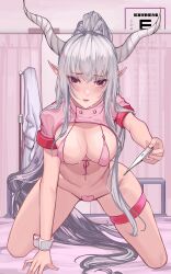 Rule 34 | 1girl, absurdres, alternate costume, arknights, arm support, bed, bikini, breasts, cleavage, demon horns, front-tie bikini top, front-tie top, grey hair, heart maebari, heart pasties, high ponytail, highres, holding, holding thermometer, horns, hospital bed, kneeling, large breasts, long hair, looking at viewer, maebari, nurse, pasties, pointy ears, revealing clothes, shining (arknights), shrug (clothing), sweat, swimsuit, thermometer, thigh strap, wrist cuffs, yaoshan shi