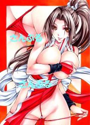 Rule 34 | 1girl, ass, breasts, butt crack, covering privates, covering breasts, fatal fury, huge breasts, long hair, ponytail, shiranui mai, solo