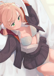 Rule 34 | 1girl, absurdres, bare legs, barefoot, bitween0908, blonde hair, blush, bra, breasts, collarbone, green eyes, highres, indie virtual youtuber, jacket, knees up, lace, lace bra, large breasts, lying, on back, on bed, open clothes, open jacket, open shirt, panties, shigure ui (vtuber), skirt, skirt rolled up, solo, striped clothes, striped jacket, striped skirt, sweatdrop, thigh gap, twitter username, underwear, v-shaped eyebrows, virtual youtuber, white bra, white panties