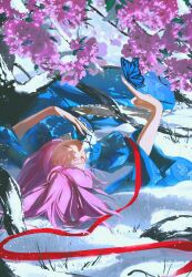 Rule 34 | 1girl, absurdres, blue kimono, branch, bug, butterfly, butterfly on hand, cherry blossoms, closed eyes, closed mouth, commentary, deer va6, full body, highres, insect, japanese clothes, kimono, long sleeves, lying, on back, outdoors, pink hair, red ribbon, ribbon, saigyouji yuyuko, short hair, symbol-only commentary, touhou, wide sleeves
