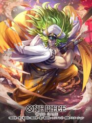 Rule 34 | 1boy, arm tattoo, coat, coat on shoulders, commentary request, copyright name, earrings, full body, geta, green hair, hat, hokuyuu, holding, holding sword, holding weapon, horns, jewelry, male focus, official art, one piece, one piece card game, sasaki (one piece), sharp teeth, shoulder tattoo, smoke, solo, sword, tattoo, teeth, tusks, weapon