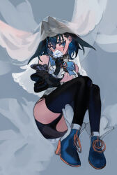 Rule 34 | 1girl, bare shoulders, bed sheet, black gloves, black hair, black panties, black thighhighs, blue bow, blue eyes, blue footwear, blue ribbon, blush, bow, bow earrings, breasts, chain, chain headband, cleavage cutout, clothing cutout, collar, commentary, detached sleeves, earrings, eus ing, flower, flower over mouth, full body, gloves, hair between eyes, hair intakes, halo, hashtag only commentary, heart, high heels, highres, holding, holding flower, hololive, hololive english, jewelry, juliet sleeves, large breasts, long sleeves, looking at viewer, mechanical halo, miniskirt, multicolored hair, ouro kronii, ouro kronii (1st costume), panties, puffy sleeves, ribbon, shirt, short hair, sidelocks, skirt, sleeveless, sleeveless shirt, sleeveless turtleneck, solo, thighhighs, turtleneck, underboob, underboob cutout, underwear, veil, virtual youtuber, yellow footwear