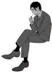 Rule 34 | 1boy, 72 (sankasha), crossed legs, facial hair, formal, full body, greyscale, holding, holding lighter, invisible chair, lighter, long sleeves, male focus, monochrome, mouth hold, necktie, original, profile, salaryman, shoes, simple background, sitting, smoking, socks, solo, stubble, suit, white background