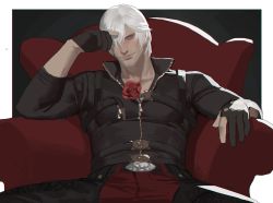 Rule 34 | 1boy, armchair, belt, black gloves, black jacket, black pants, blue eyes, chair, chest harness, closed mouth, dante (devil may cry), devil may cry (series), devil may cry 5, facial hair, flower, gloves, hair over one eye, harness, high collar, highres, jacket, large pectorals, looking at viewer, male focus, muscular, muscular male, pants, partially fingerless gloves, pectorals, red flower, red pants, red rose, rose, short hair, sitting, solo, stubble, two-tone pants, white hair, yaoyao794