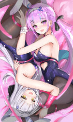 Rule 34 | 2girls, absurdres, ahoge, animal ears, bare shoulders, black pantyhose, blue hair, blunt bangs, blush, breasts, clothing cutout, colored inner hair, covered navel, detached collar, fake animal ears, fang, fishnet pantyhose, fishnets, grey hair, hair ornament, heart cutout, highres, hololive, large breasts, leotard, long hair, masaharu21, minato aqua, multicolored hair, multiple girls, murasaki shion, open mouth, pantyhose, playboy bunny, purple eyes, purple hair, rabbit ears, rabbit hole (vocaloid), sideboob, skin fang, small breasts, smile, strapless, strapless leotard, streaked hair, twintails, two-tone hair, virtual youtuber, wrist cuffs, x hair ornament, yellow eyes