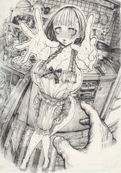 Rule 34 | 1boy, 1girl, apron, bare shoulders, barefoot, blush, bottle, bow, bowl, breasts, cabinet, cleavage, collarbone, fingernails, food, frying pan, greyscale, hatching (texture), highres, hirune (imomonono), indoors, kitchen, ladle, large breasts, looking at viewer, monochrome, naked apron, original, parted lips, pepper shaker, plate, pov, reaching, reaching towards viewer, rug, salt shaker, short hair, standing, sweat, teeth, toenails, towel, upper teeth only, veins, wooden floor