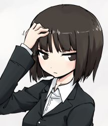 Rule 34 | 10s, 1girl, alternate hair length, alternate hairstyle, black jacket, blunt bangs, brown eyes, brown hair, closed mouth, commentary, dress shirt, girls und panzer, grey background, hand on own head, jacket, kakizaki (chou neji), long sleeves, looking at viewer, nishizumi shiho, portrait, shirt, short hair, simple background, solo, standing, upper body, white shirt