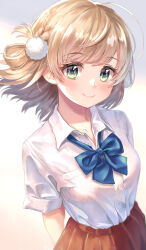 Rule 34 | 1girl, absurdres, arms behind back, blonde hair, blue bow, blue bowtie, bow, bowtie, braid, breast pocket, collarbone, collared shirt, floating hair, french braid, gradient background, green eyes, hair ornament, highres, indie virtual youtuber, light blush, looking at viewer, multicolored background, pleated skirt, pocket, pom pom (clothes), pom pom hair ornament, red skirt, school uniform, shigure ui (vtuber), shigure ui (vtuber) (1st costume), shirt, shirt tucked in, short sleeves, sidelocks, skirt, smile, tyutaka0427, virtual youtuber, white shirt