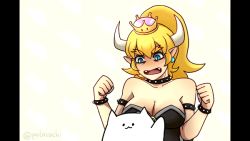 Rule 34 | 1girl, animated, animated gif, blonde hair, blue eyes, bongo cat, bouncing breasts, bowsette, grabbing another&#039;s breast, breasts, cat, cleavage, creature, crown, dress, embarrassed, fangs, grabbing, horns, large breasts, mario (series), meme, new super mario bros. u deluxe, nintendo, ponytail, solo, super crown, twitter username