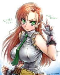 Rule 34 | 1girl, amania orz, angry, bare shoulders, belt, blush, breasts, cliana rimskaya, earrings, covered erect nipples, feathers, fingerless gloves, gloves, gradient background, green eyes, hair ornament, hairclip, jewelry, large breasts, long hair, looking at viewer, necktie, orange hair, solo, super robot wars, super robot wars destiny, upper body, v