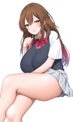 Rule 34 | 1girl, :o, absurdres, black vest, bow, bowtie, braid, breasts, brown hair, collared shirt, colored tips, crossed legs, curvy, green eyes, grey skirt, hand up, highres, huge breasts, invisible chair, long hair, looking at viewer, multicolored hair, original, panties, pink panties, pleated skirt, red bow, red bowtie, red hair, school uniform, shirt, short sleeves, sidelocks, simple background, sitting, skirt, solo, suruga (xsurugax), thighs, two-tone hair, underwear, vest, white background, white shirt, wing collar